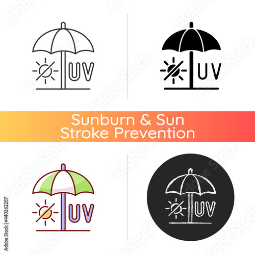 Seek shade icon. Hide under umbrella while on beach during summer. UV rays protection to avoid heatstroke. No sun exposure. Linear black and RGB color styles. Isolated vector illustrations