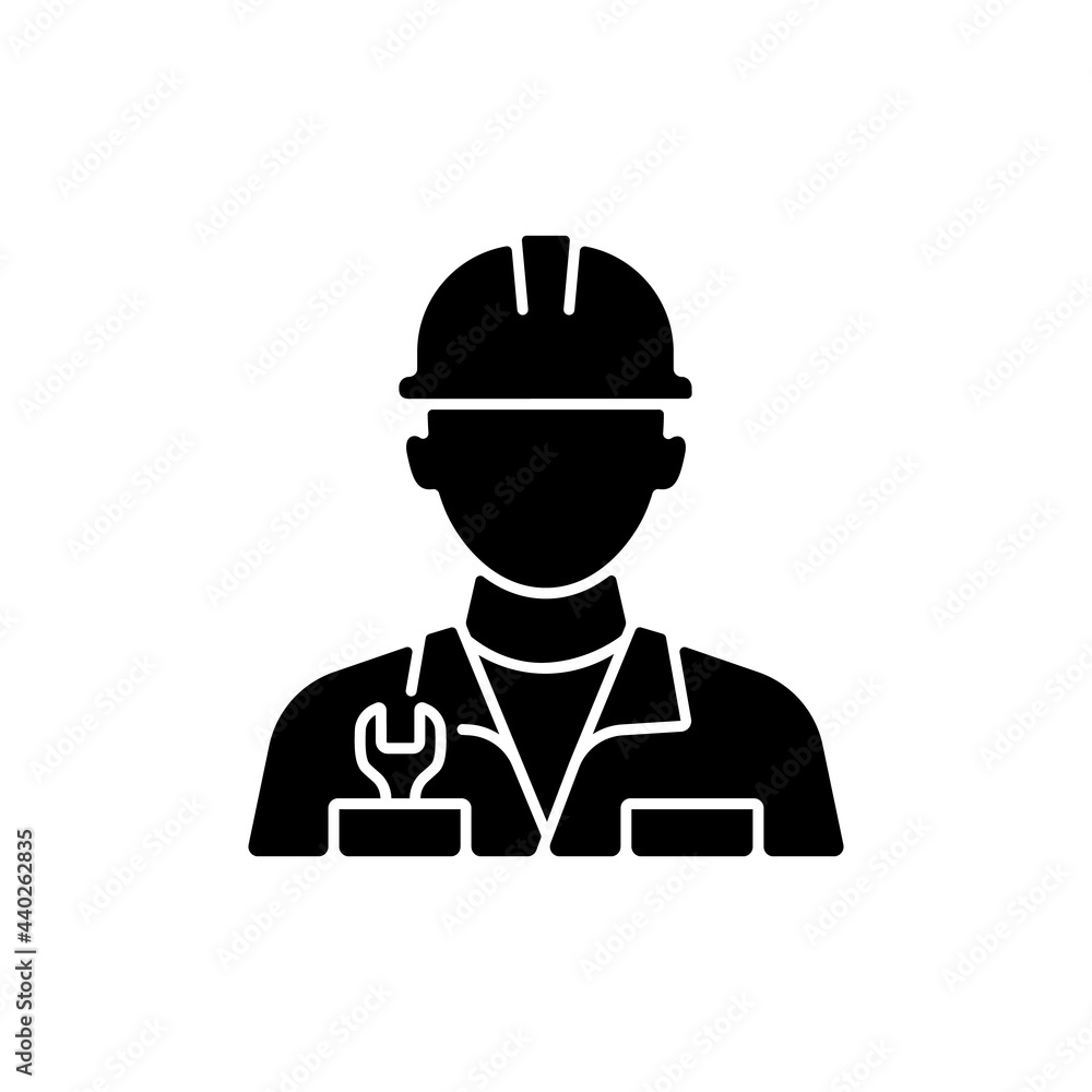 Engineer black glyph icon. Fixing ship during cruise. Keeping mechanisms in good shape. Navigation and manoeuvring system controling. Silhouette symbol on white space. Vector isolated illustration Engineer black glyph icon. Fixing ship during cruise. Keeping mechanisms in good shape. Navigation and manoeuvring system controling. Silhouette symbol on white space. Vector isolated illustration