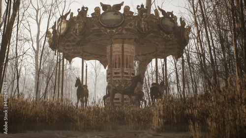 An old abandoned merry-go-round is spinning in the autumn mystical white forest. The concept of an abandoned park after the apocalypse. 3D Rendering.