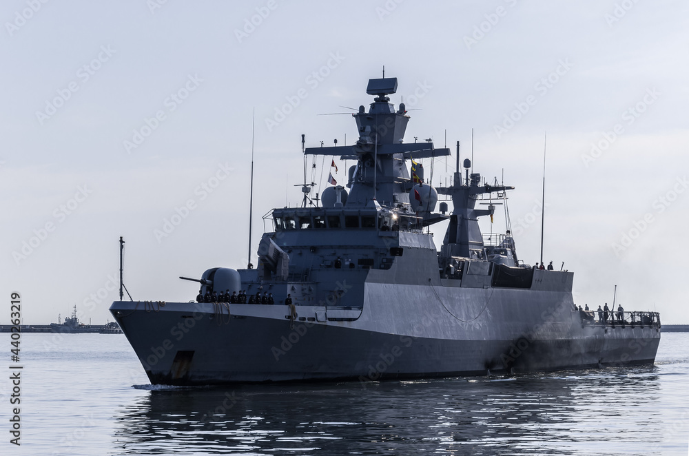 WARSHIP - A German Navy corvette is sails to the port  