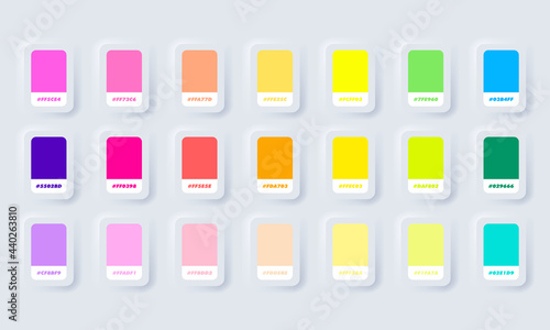 Neon and pastel colour palette. Vector. Catalog samples neon in RGB HEX. Color Catalog. Neumorphic UI UX white user interface web button. Neumorphism. Vector EPS 10.