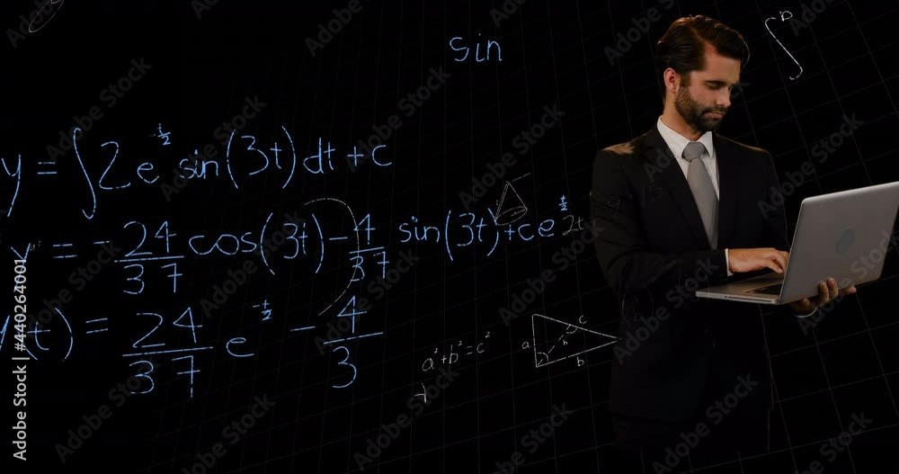 Mathematical equations floating against caucasian businessman using laptop against black background Mathematical equations floating against caucasian businessman using laptop against black background