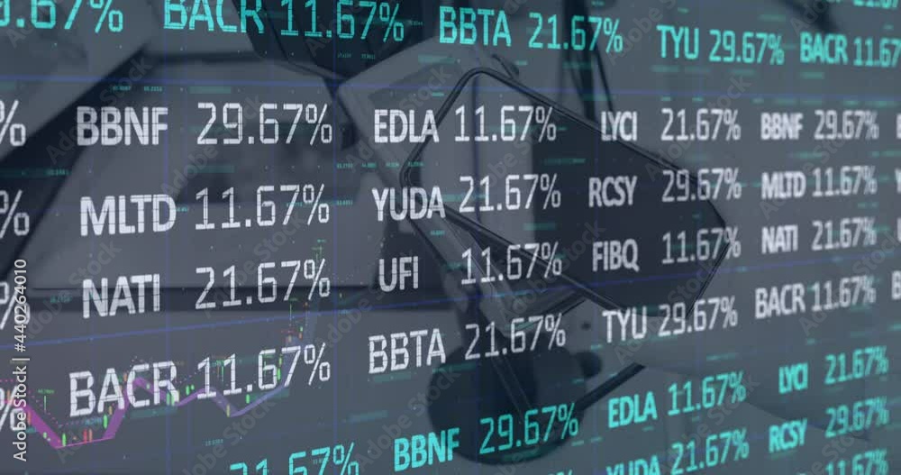 Digital animation of stock market data processing against smartphone on table Digital animation of stock market data processing against smartphone on table