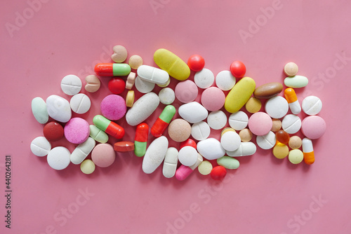 Close up of many colorful pills and capsules 