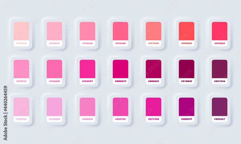Pink pastel colour palette. Vector. Catalog samples pink in RGB HEX. Color Catalog. Neumorphic UI UX white user interface web button. Neumorphism. Vector EPS 10. - obrazy, fototapety, plakaty 