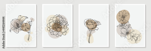 Set of creative minimalist hand draw illustrations rose floral outline pastel biege simple shape and brush stroke for wall decoration, postcard or brochure cover design