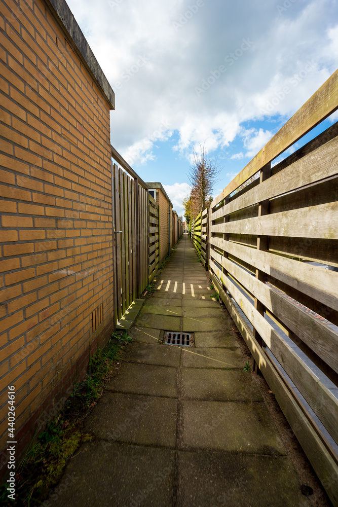 typical back alley with gates to gardens of rural area netherlands typical back alley with gates to gardens of rural area netherlands