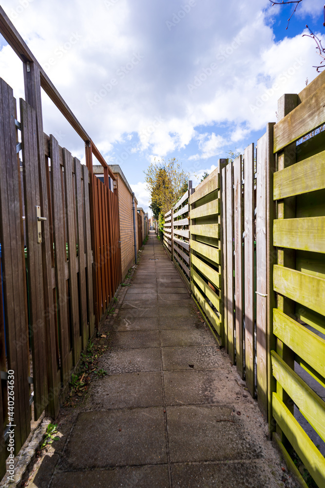 typical back alley with gates to gardens of rural area netherlands typical back alley with gates to gardens of rural area netherlands