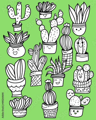 collection of cactus doodle with cute faces.