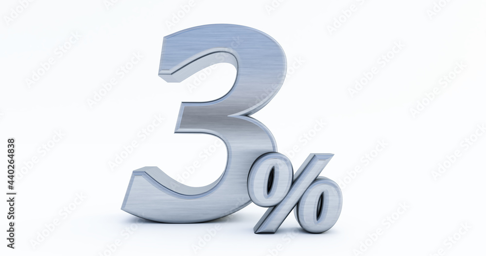 3D render of 3 percent off, metal three percent isolated on a white background. 3D render of 3 percent off, metal three percent isolated on a white background.