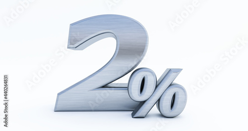 3D render of 2 percent off, metal two percent isolated on a white background.