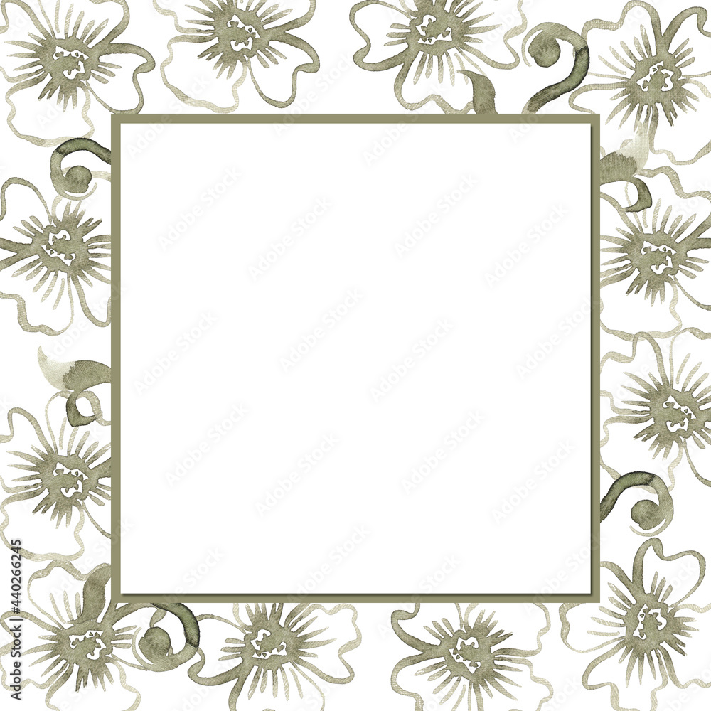 Watercolor square frame with green flowers. Hand painted frame for background, wallpaper, textures, decor.
