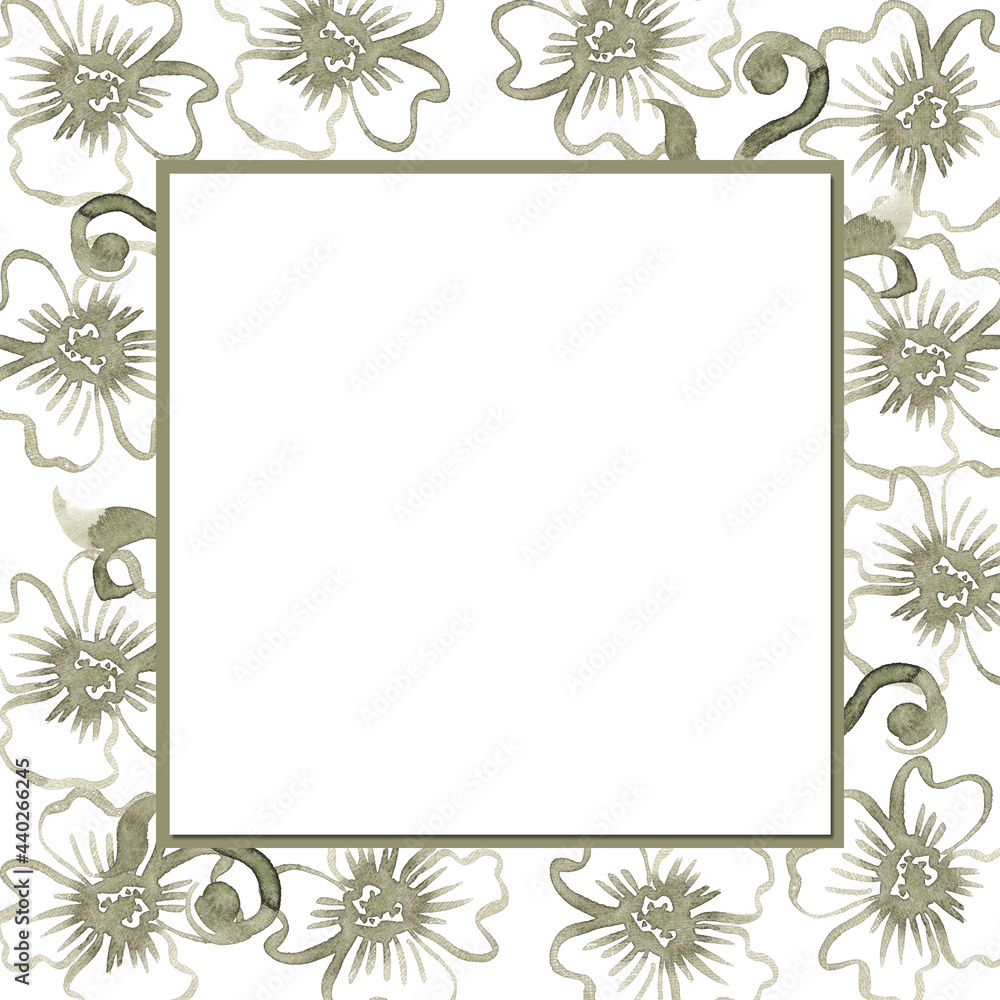 Watercolor square frame with green flowers. Hand painted frame for background, wallpaper, textures, decor. Watercolor square frame with green flowers. Hand painted frame for background, wallpaper, textures, decor.