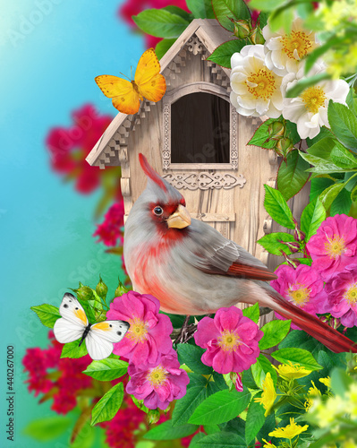 Spring, summer sunny bright background, cardinal bird sits on a branch of a blossoming pink rose hip, wild rose, greenery, wooden quorehouse, 3D rendering