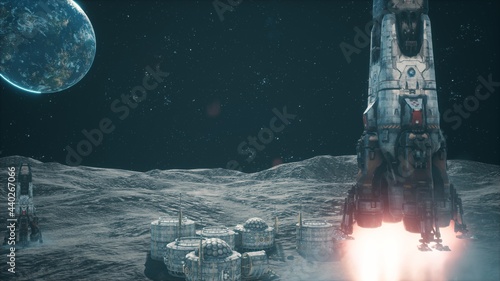 Fototapeta Naklejka Na Ścianę i Meble -  The rocket lands on the moon near the lunar space colony. The space rocket spews fire exhaust and smoke. The image is for fiction, the futuristic or space travel backgrounds. 3D Rendering.