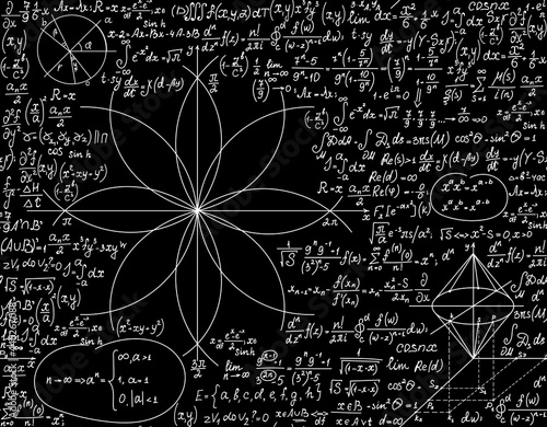 Math vector seamless pattern with handwritten formulas, calculations, figures	