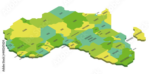 Isometric political map of Africa. Colorful land with country name labels on white background. 3D vector illustration