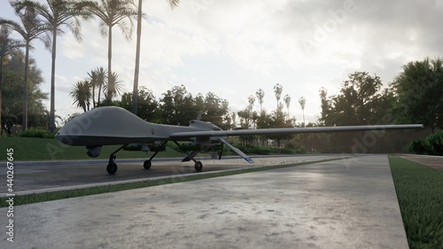 A military predator drone stands on the road and prepares for takeoff. The image is for military, the weapon or spying backgrounds. View of a military drone spy ready for military action. 3D Rendering