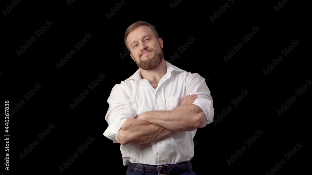 Caucasian Man in a shirt with a beard. Emotions. Man on a black background. High quality photo Caucasian Man in a shirt with a beard. Emotions. Man on a black background. High quality photo