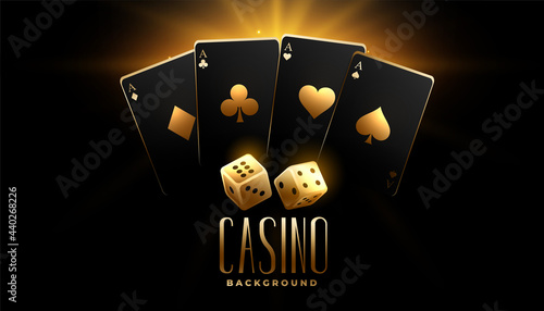 black and golden casino cards with dice background