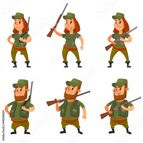 Set of hunters in different poses. Male and female characters in cartoon style.