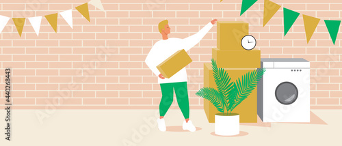 Garage Sale, Copy Space Template, Flat Vector Stock Illustration with Flea Market Buyer and Used Goods