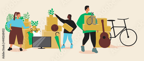 People at a garage sale, Flat vector stock illustration with Salesman at a flea market. and Bicycle, guitar, ball