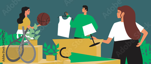 Eco-friendly consumption, people in second hand, flat vector stock illustration with flea market or garage sale as a concept for reuse