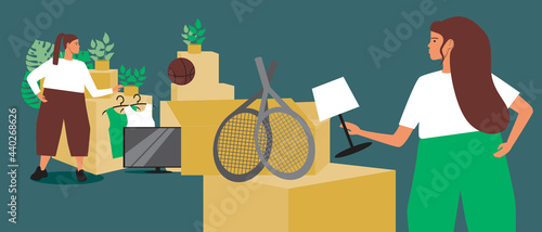 Ethical consumption, people in second hand market, flat vector stock illustration with flea market with goods