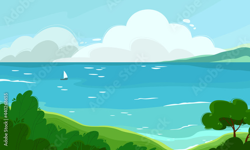 Seascape with clouds  sailing ship  mountains  greenery and tree. Vector colorful illustration on the marine theme. Horizontal landscape.