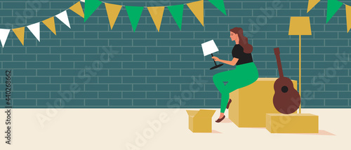 Garage sale in the yard, copy space template, flat vector stock illustration with boxes with used goods, lamp, guitar