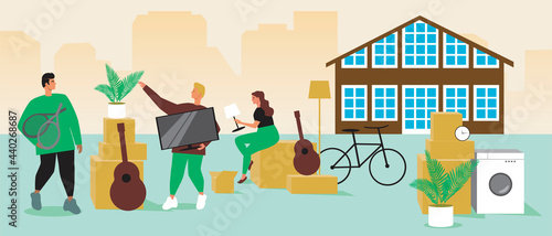 Garage Sale in Yard, Flat Vector Stock Illustration with People at Flea Market and Sale of Used Goods