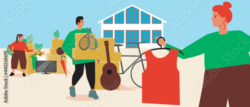 Garage Sale in Yard, Flat Vector Stock Illustration with People Selling and Buying Retro Goods