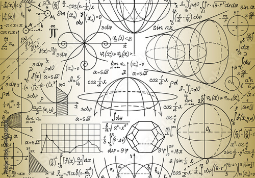 Scientific math vector seamless pattern with handwritten algebra formulas  figures and equations  old paper effect