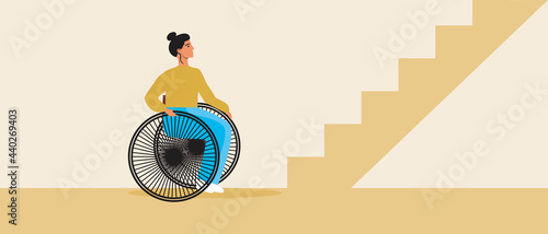 Wheelchair disabled person mobility, ramp on stairs, Flat vector stock illustration with Indoor for mobility of inclusive person
