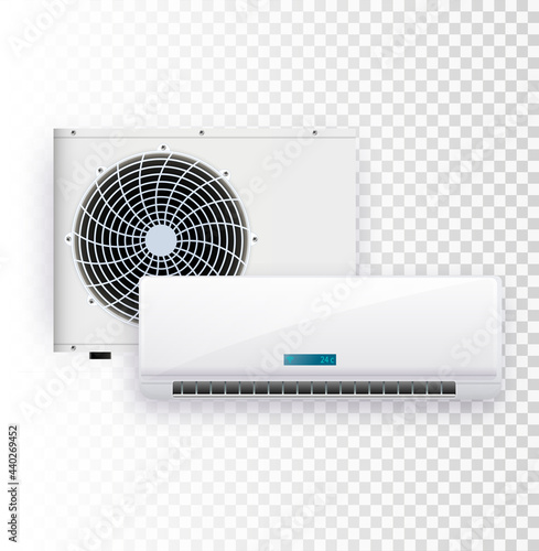 Vector set of air conditioner installation on transparent background.