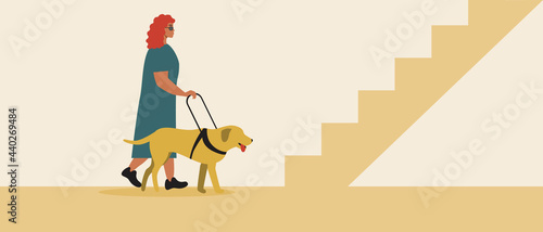 Blind Disabled Person With Guide Dog, Mobility On The Stairs, Flat Vector Stock Illustration With Indoor For Inclusive Person On The Stairs