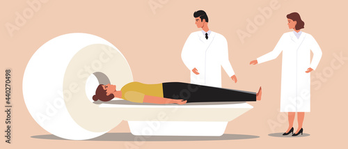 Doctors performing magnetic resonance imaging, flat vector stock illustration with patient examination or mri