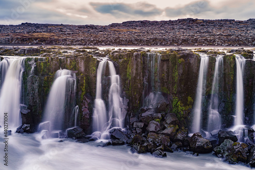 A magnificent view of the numerous streams of waterfalls flowing down beside the Dettifoss  Iceland