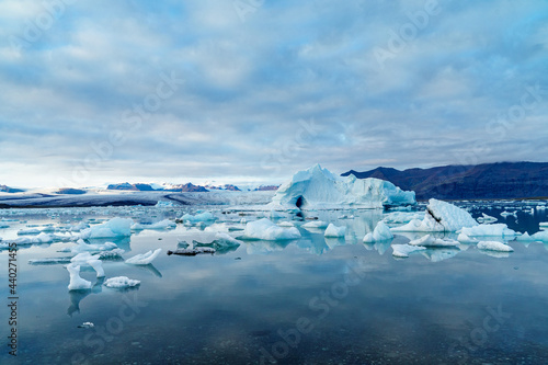 The drifting icebergs calved from the thousand years old glacier in Jokulsarlon, Iceland