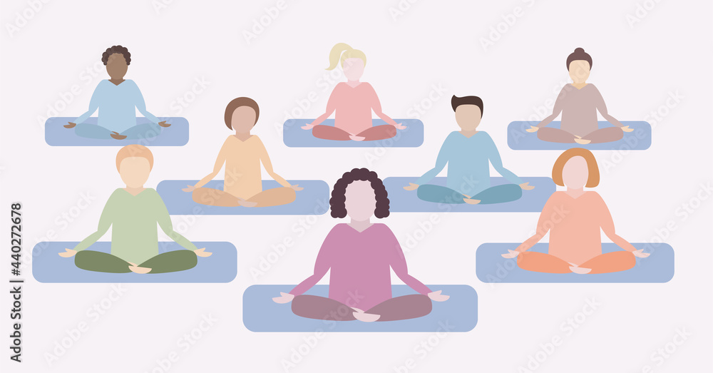 Group of peoole of different races and nations meditate together. Concept vector illustration for yoga, meditation, relax, recreation, healthy lifestyle. Simple cute flat cartoon style Group of peoole of different races and nations meditate together. Concept vector illustration for yoga, meditation, relax, recreation, healthy lifestyle. Simple cute flat cartoon style