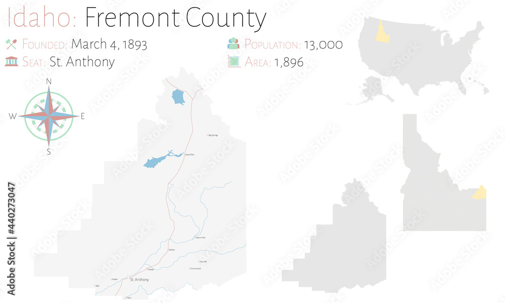 Large and detailed map of Fremont county in Idaho, USA.