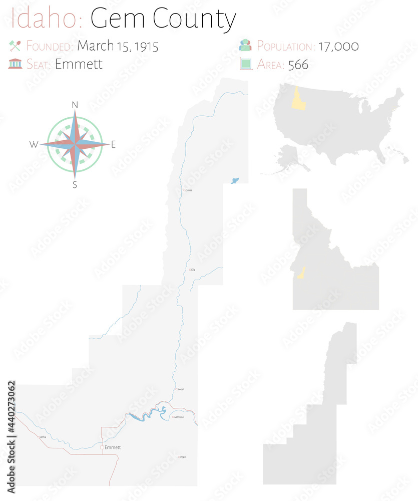 Fototapeta Large and detailed map of Gem county in Idaho, USA.