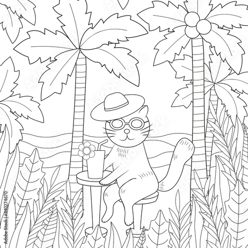 Summer coloring page. Cute cat and palm trees.