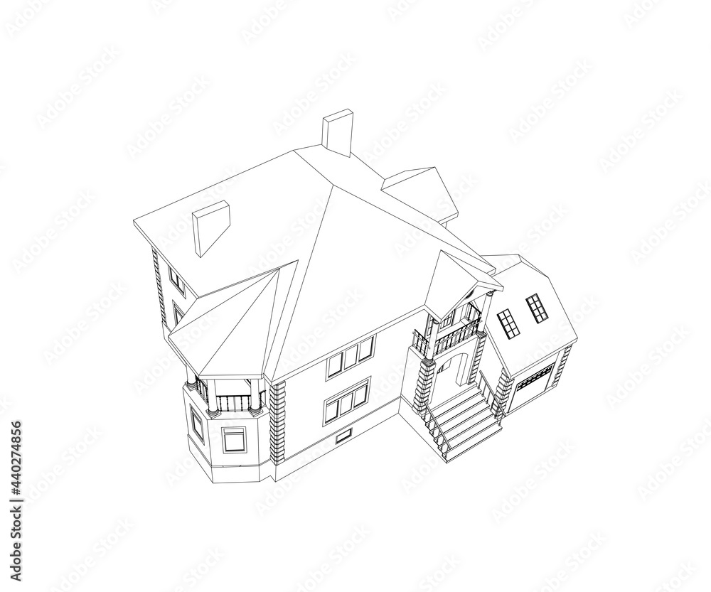 Vector perspective of luxury modern house exterior. 3D vector model of cottage isolated on white background. Top view.