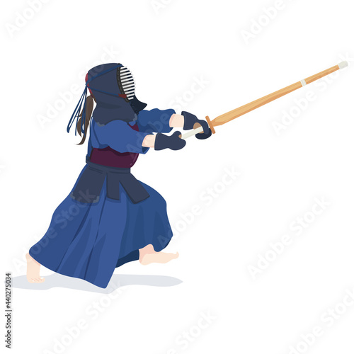 Japanese martial arts, Kendo sport tournament. woman in traditional kendo equipment holding shinai jumping toward.