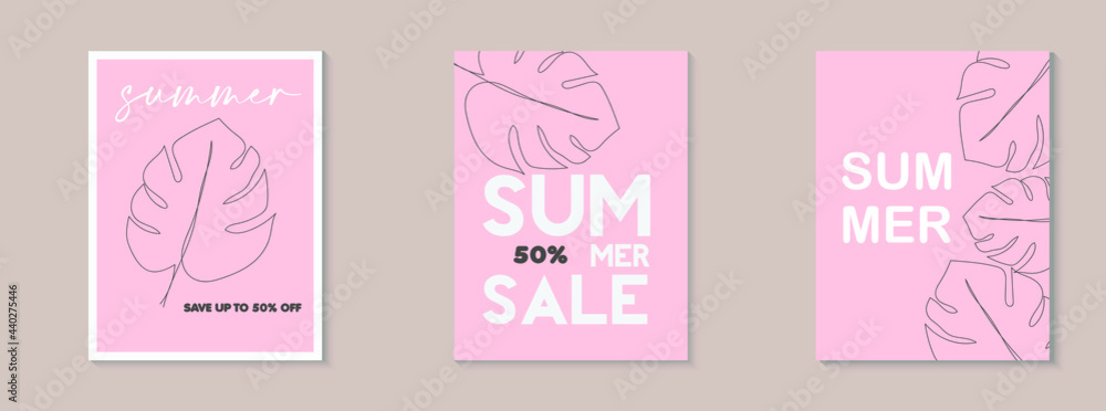 Set Summer Sale Backgrounds with One Lines Tropical Leaves on Pastel Background. Design for Sale, Posters, Media Stories. Vector Illustration