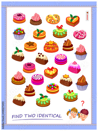 Logic puzzle game for children and adults. Find two identical cakes. Memory exercises for seniors. Printable page for kids brain teaser book. Developing spatial thinking. IQ test. Play online.