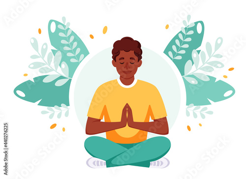 Black man meditating in lotus pose. Healthy lifestyle, yoga, relax, recreation. Vector illustration