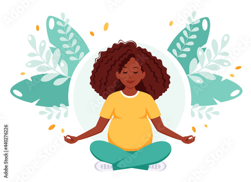 Pregnant black woman meditating in lotus pose. Pregnancy health concept. Vector illustration